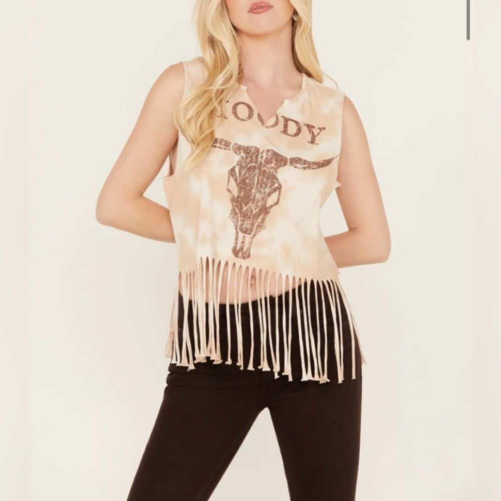 Moody Steer head Fringe Tank Top Size Medium Western Festival Rodeo Boho
